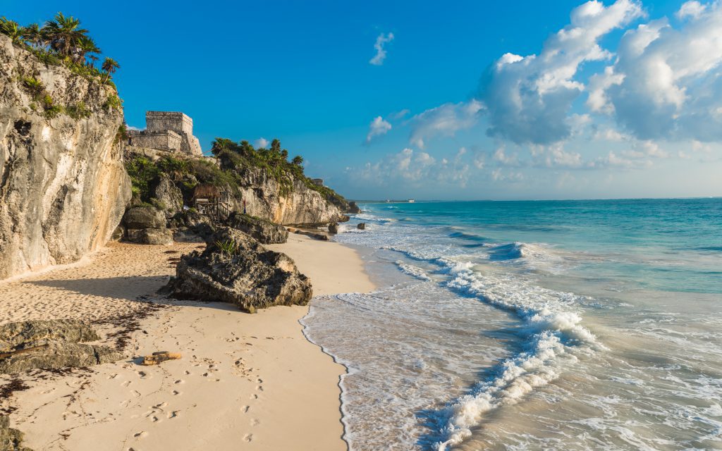 White sand beach and ruins of Tulum, Yuacatan, Mexico