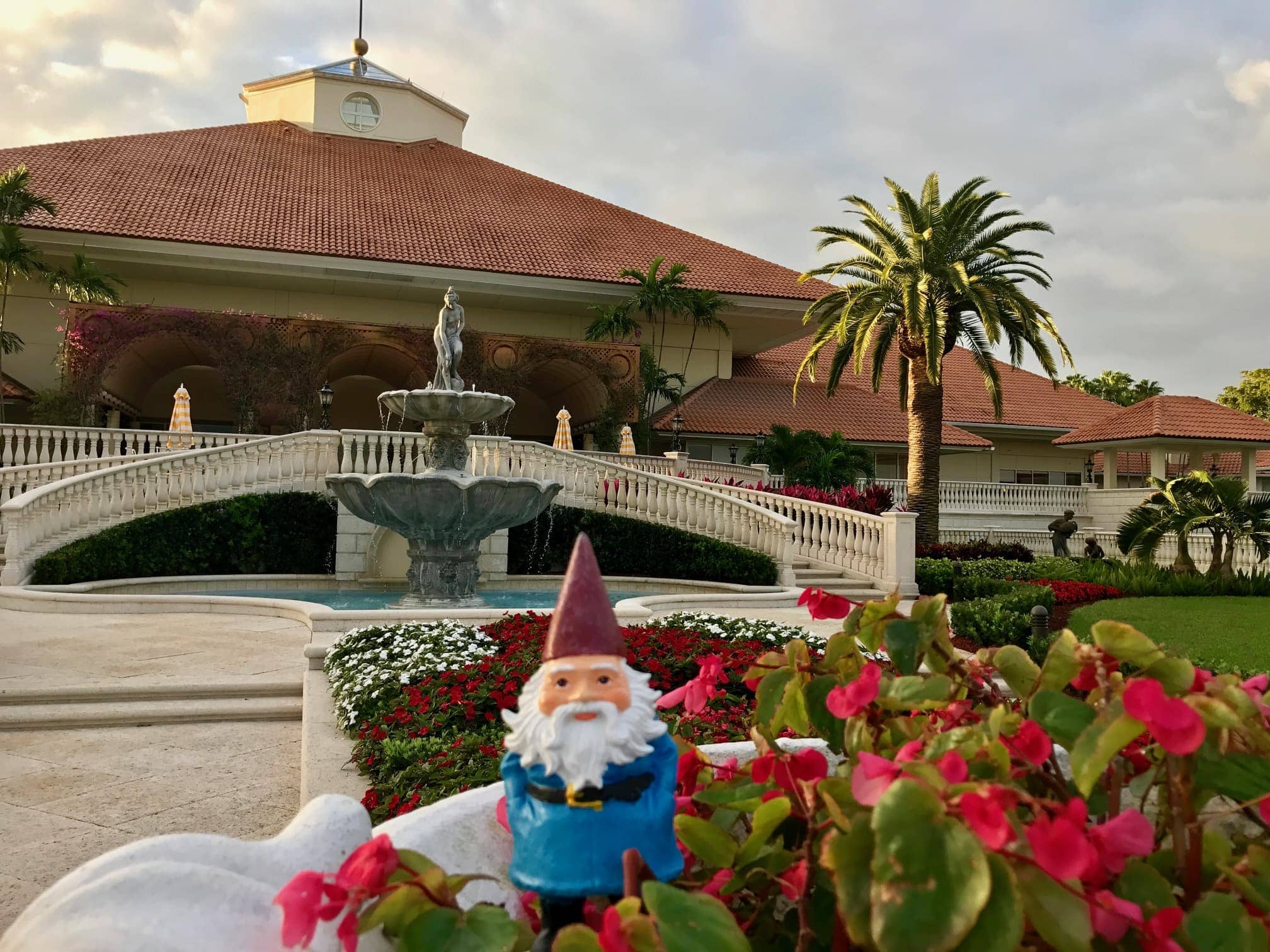 Roaming Gnome in front of fountain