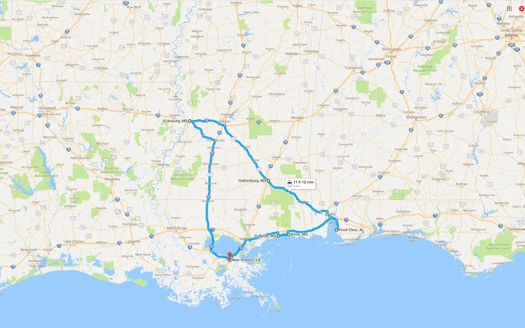 Southern Road Trip route