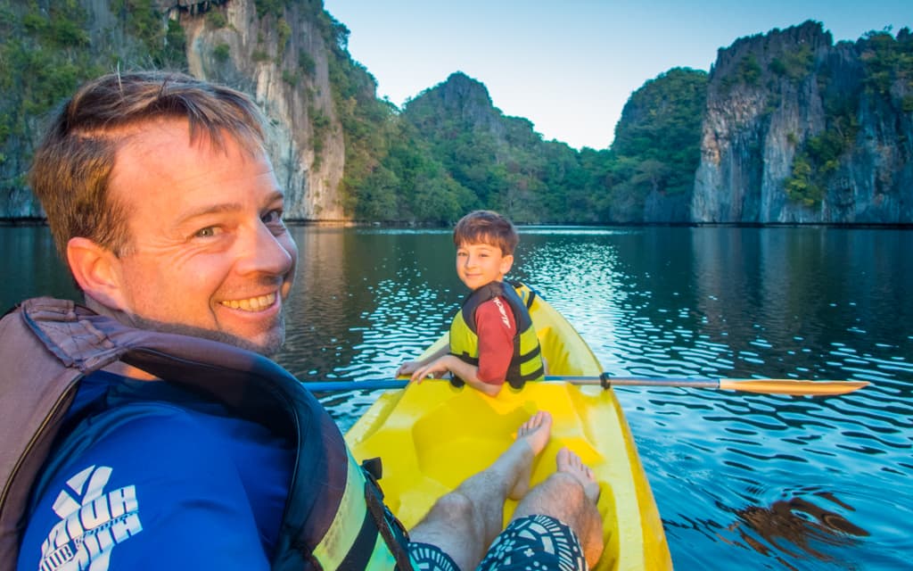 Travel with kids: Sunrise kayaking in Palawan, Philippines (8 years old)