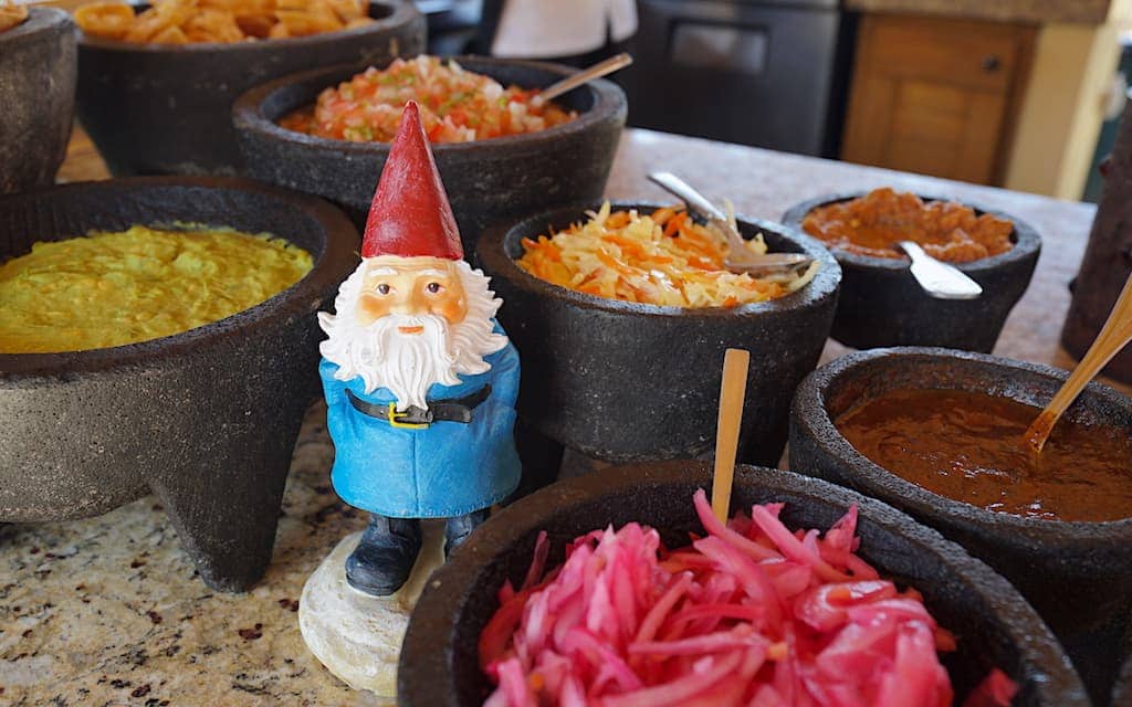 Roaming Gnome at taco bar at Puerto Los Cabos by Mike Shubic of MikesRoadTrip.com