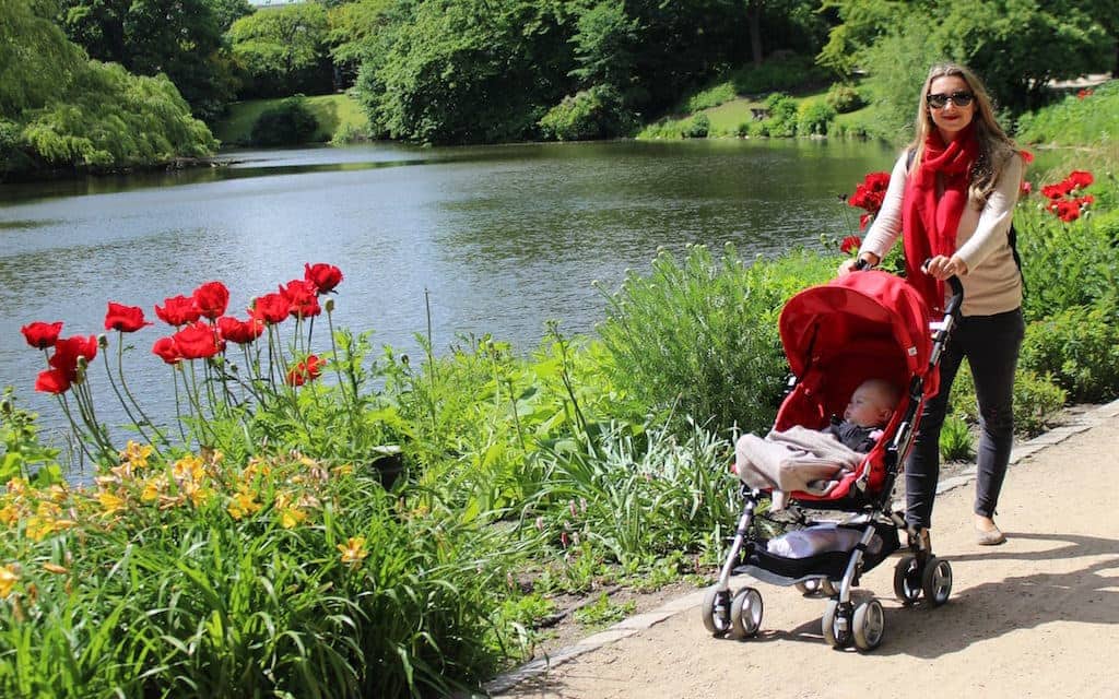 kid-friendly Copenhagen, family travel expert Julia Dimon with baby stroller 