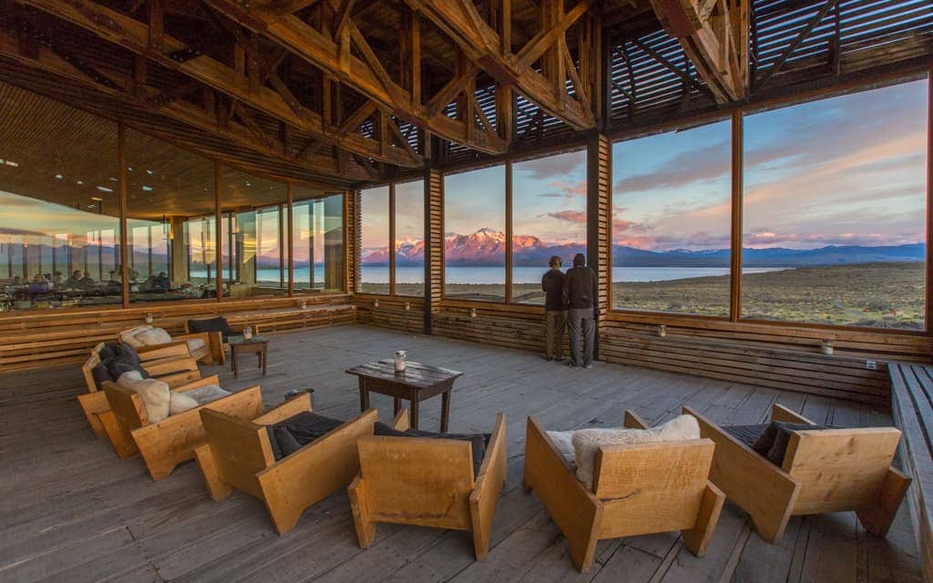 Best hotel views: Every room at Tierra Patagonia overlooks Torres del Paine, as does this open-air seating area