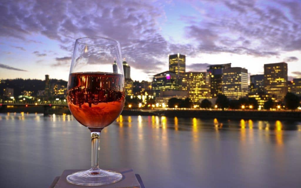 Rosé Wine Glass Inverted Image Riverfront Skyline Downtown Portland Oregon