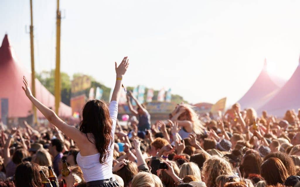 People with their arms in air at music festival