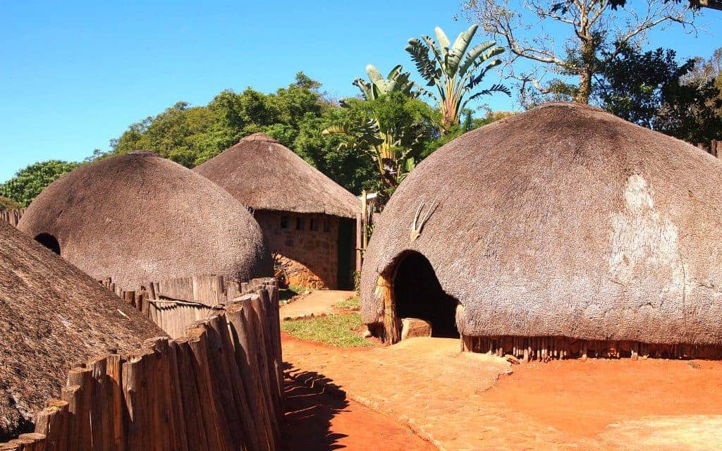 Traditional Zulu straw huts rondavels.