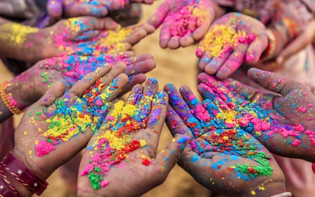 Group of Indian children playing holi in Rajasthan, India