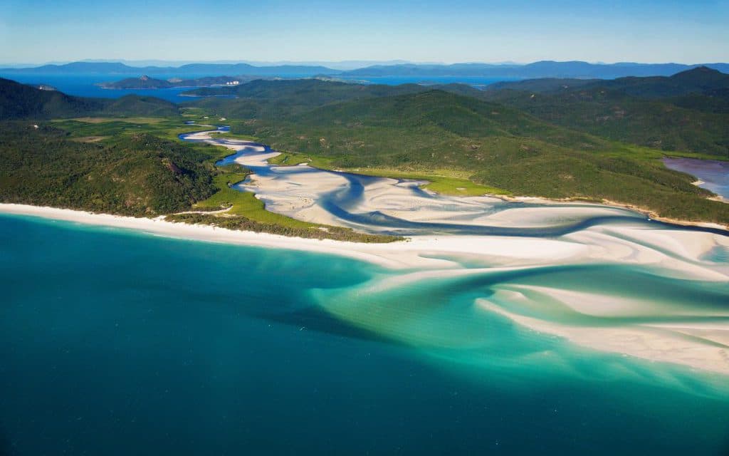 Whitehaven Beach and the Hill Inlet, on Whitsunday Island, QLD, Australia.