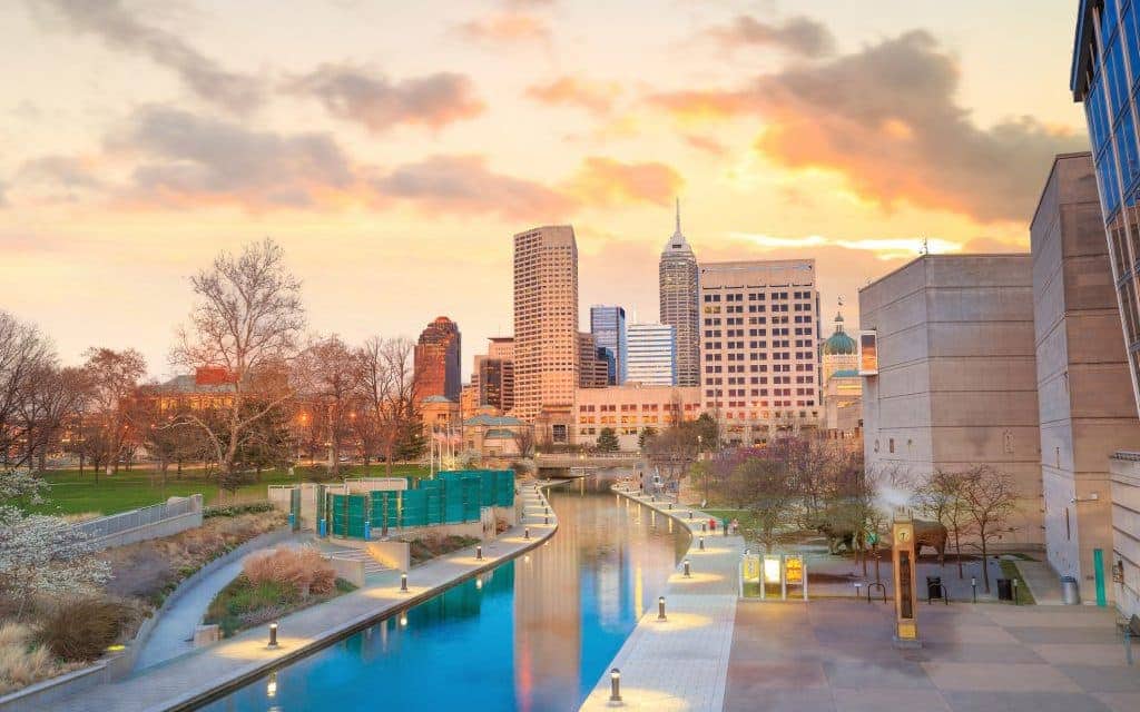 Downtown Indianapolis skyline at twilight