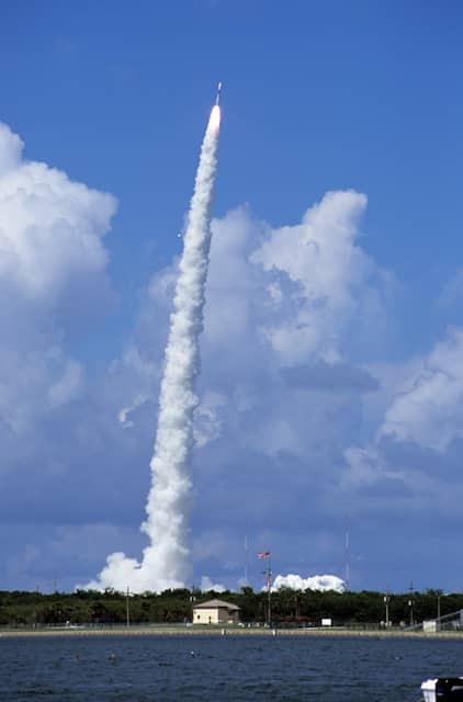 A Delta 2 rocket lifts as seen from Port Canaveral