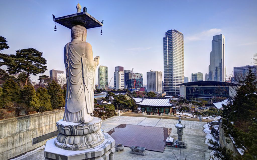 Skyline of downtown Seoul, South Korea from bongeunsa temple