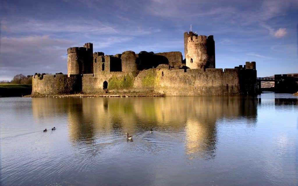 Caerphilly Castle, and reflection in the moat.