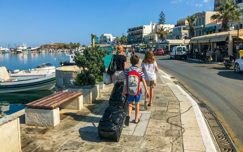 Packing tips: Walking to the ferry in Naxos, Greece in the middle of a month in Europe.