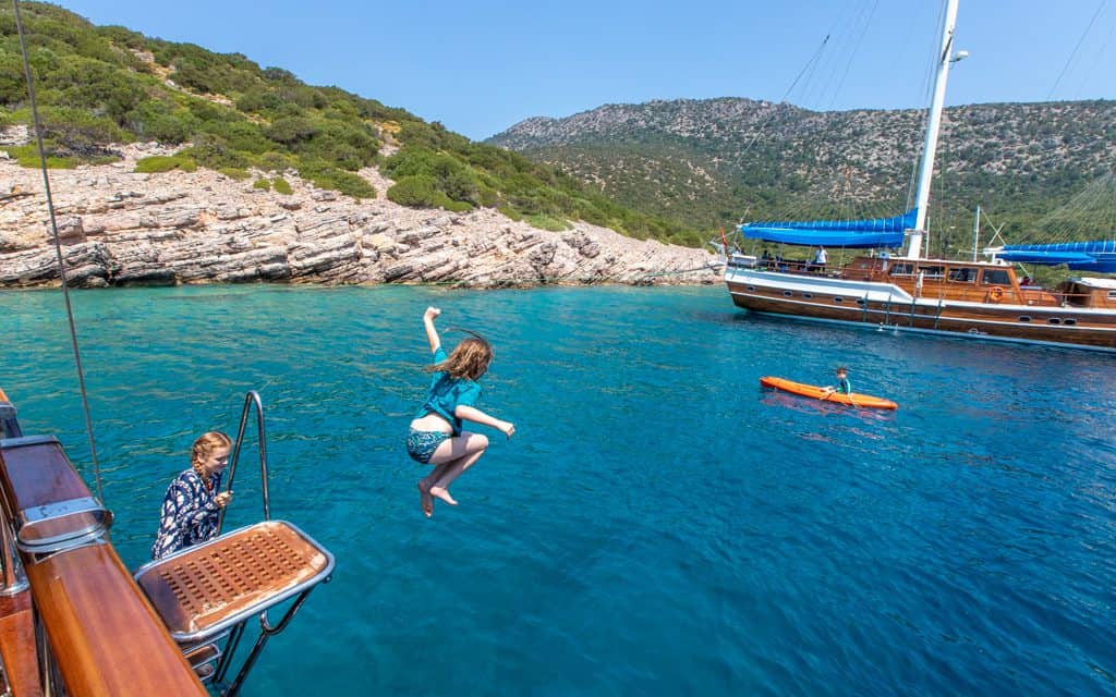 Tips for hot days - Jumping off our gulet near Bodrum, Turkey